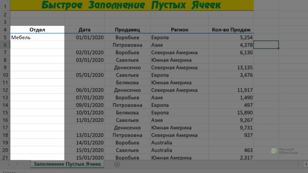 Заполнить пустые ячейки в excel предыдущим